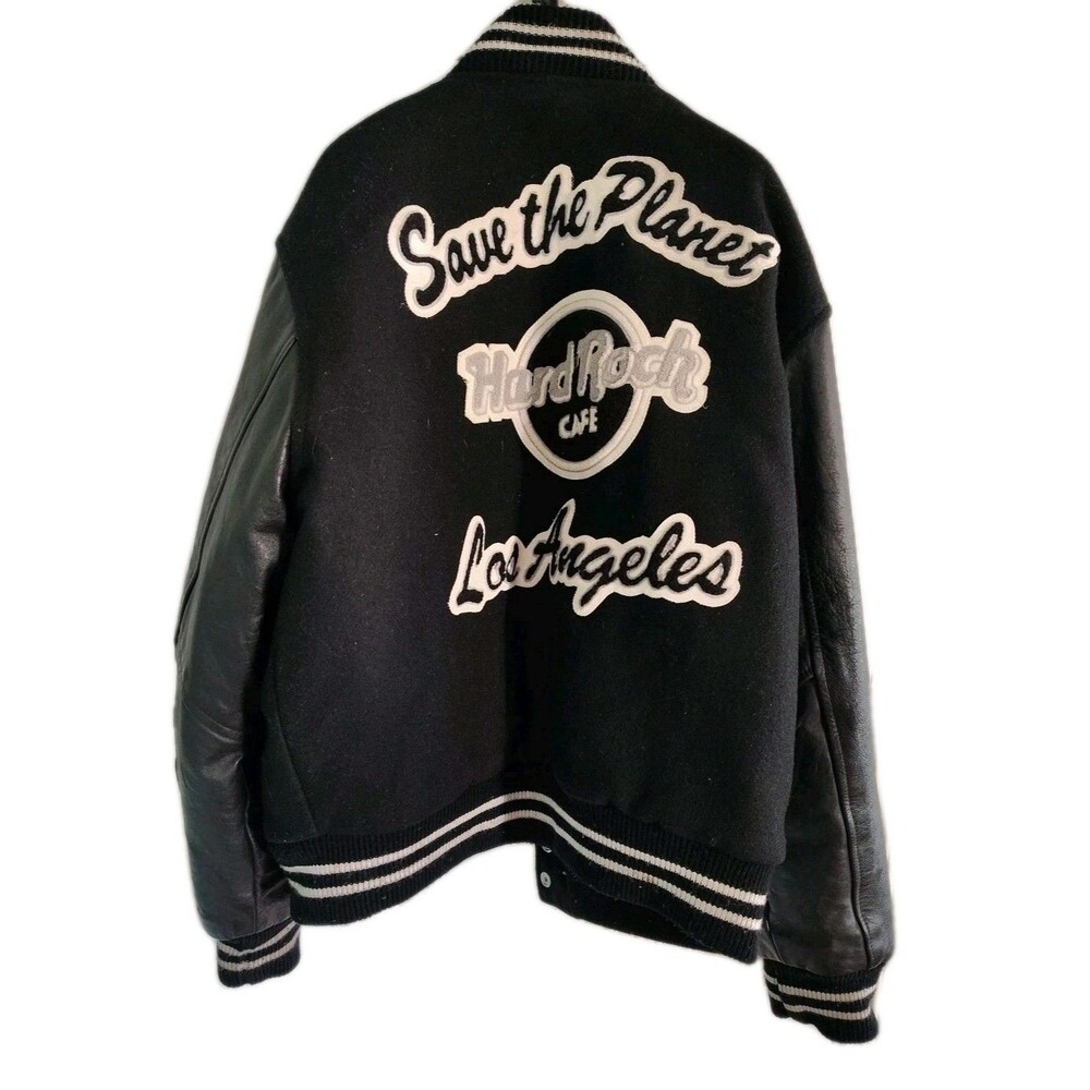VTG Hard Rock Cafe Los Angeles Varsity Jacket Mens Large Black Wool Leather 90s